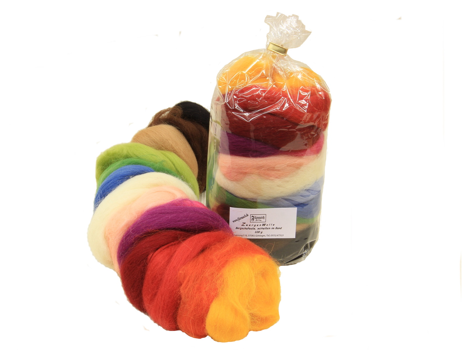 Zwergenwolle bunte Mischung - gemischt mittelfein 32mic 100 g im Band