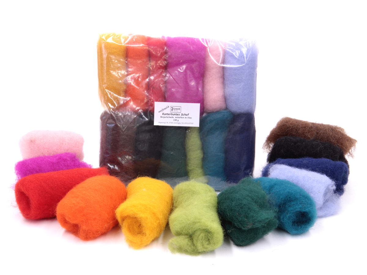 Kunterbuntes Schaf (Bergschafwolle) - gemischt mittelfein 30mic  100 g im Vlies